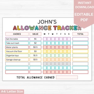Kids Allowance Tracker Editable | Earn Money Chore Chart for Kids | Money Reward Chart | Allowance Chart with Bucks | Reward Chart For Kids6