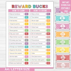 Kids Reward Bucks Editável | Como Ganhar Dinheiro Gráfico de Tarefas | Gráfico de Tarefas de Mesada Editável para Crianças | Gráfico de Responsabilidade para Crianças PDF 2