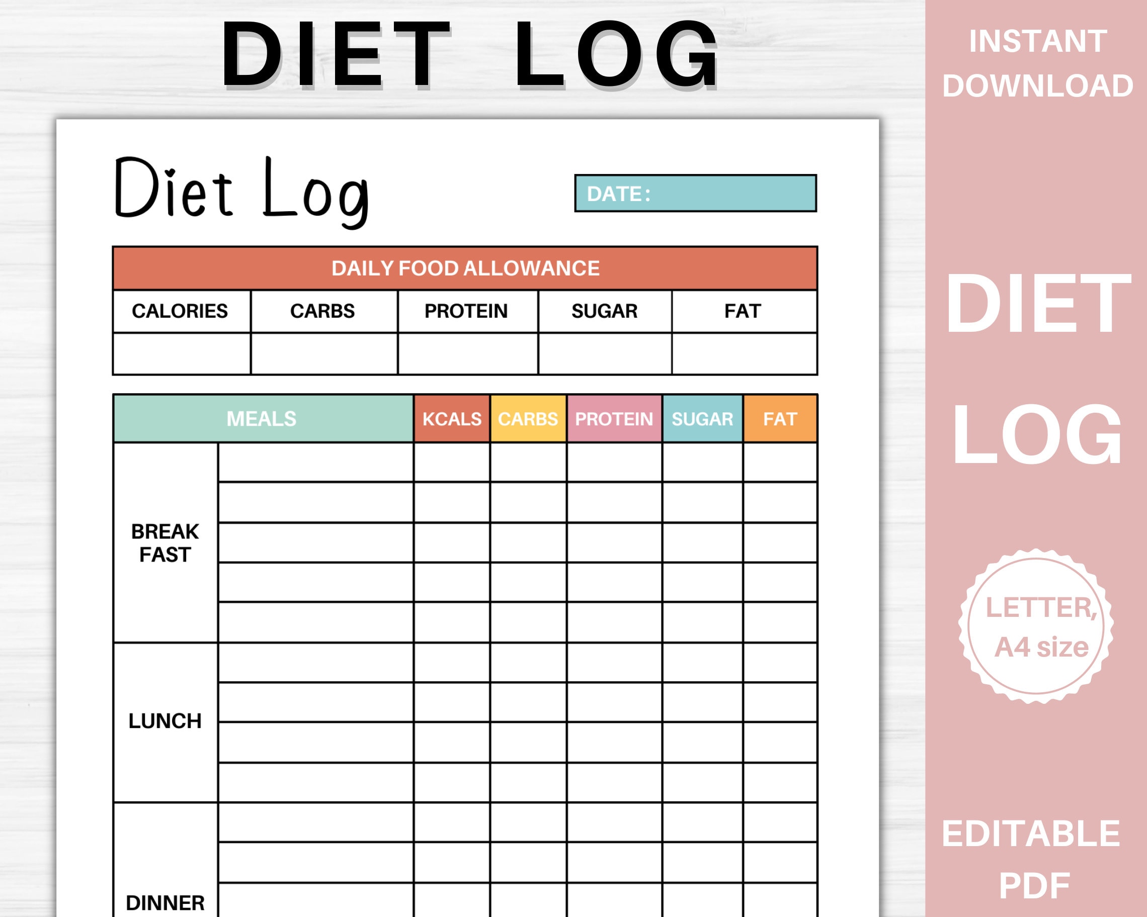 Diet Log Printable Fitness Log Fitness Tracker Diet Tracker Daily Food