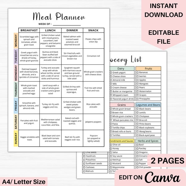 Meal Planner And Grocery list | Editable Meal Planner | 7 Days Menu Plan | Food Planner | Weekly Diet Menu Planner | Editable on Canva | 1B