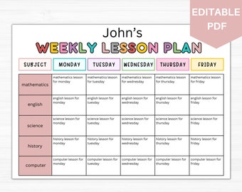 Weekly Lesson Plan Editable | Lesson Planner | Homeschool Teacher Planner | Weekly Plans | Academic Schedule | Simple Lesson Plan 6