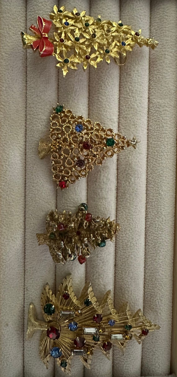 Collection of 4 Vintage Christmas Tree Brooches