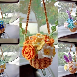 Crochet Plant Car Hanging Accessories for Women Kids, Succulent Plants Hanging Basket Flower Car Mirror Decor Gift for Mom Car Accessory