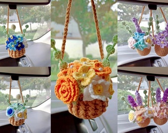 Crochet Plant Car Hanging Accessories for Women Kids, Succulent Plants Hanging Basket Flower Car Mirror Decor Gift for Mom Car Accessory