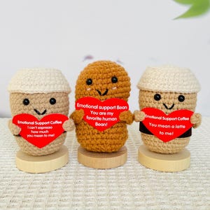 Crochet Emotional Support Desk Buddy: Handmade Pickle, Coffee Bean, Coffee Cup
