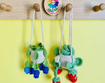 Crochet Strawberry Car Hanging: Handmade Rearview Mirror Plant Decor