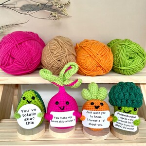 May include: Crocheted amigurumi vegetables with funny faces and signs with puns. The vegetables include an avocado, a beet, a carrot, and a broccoli. The yarn balls used to make the vegetables are in the background.