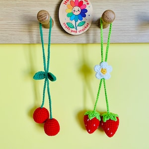 Crochet Cherry Strawberry Car Hanging, Crochet Car Rearview Mirror Accessory, Green Potted Hanging Plant, Christmas Gift for Plant Lovers