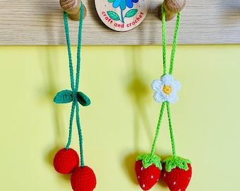 Crochet Cherry Strawberry Car Hanging, Crochet Car Rearview Mirror Accessory, Green Potted Hanging Plant, Christmas Gift for Plant Lovers