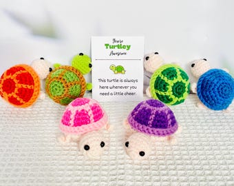 Handmade Crochet Positive Turtle Desk Buddy, Uplifting Inspirational Turtle Charm, Christmas Ornament, Stocking Stuffer