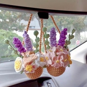 Crochet Flower Car Hanging: Handmade Potted Plant Car Mirror Decor