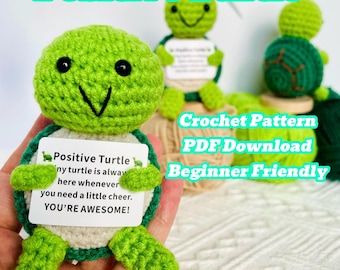 Patrón de tortuga de crochet sin costuras - PDF fácil y práctico para principiantes, pequeño amigurumi, mini tortuga positiva, compañero de escritorio, juguete colgante con dije