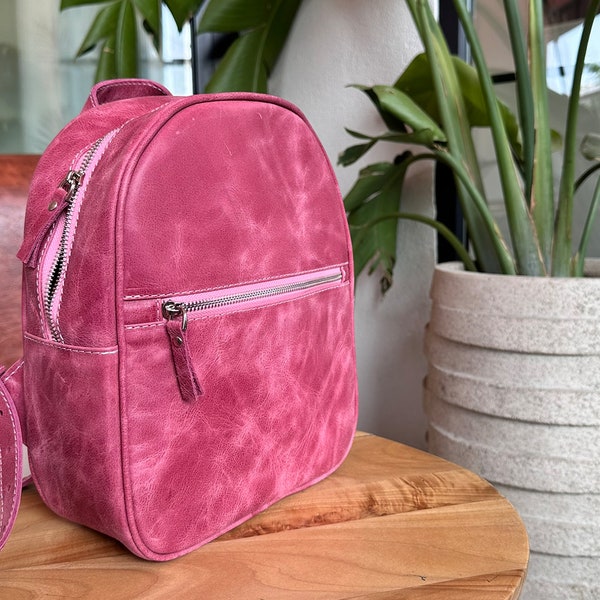 Handmade Pink Leather Backpack Purse