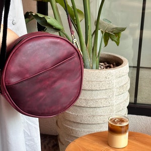 Personalized Burgundy Soft Leather Round Zippered Crossbody Purse, Gift for Her