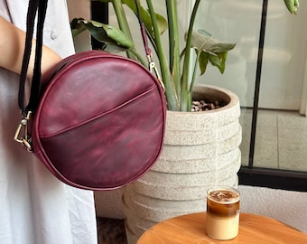 Personalized Burgundy Soft Leather Round Zippered Crossbody Purse, Gift for Her