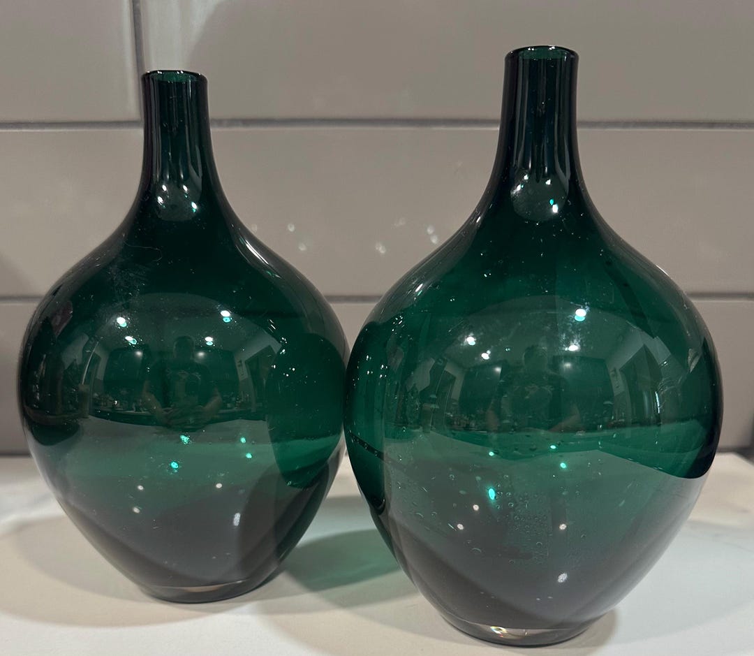 Set of 2 IKEA Green Cut Small Vases; Round, Pear Shape