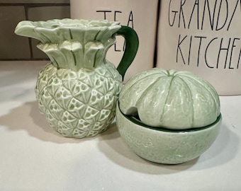 Anthropologie 4” Green Pineapple Pitcher/Creamer & Sugar Set