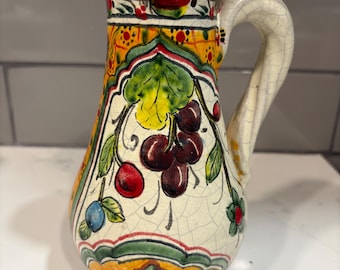 Vintage Mexican Pottery Hand Painted Talavera Style Pitcher-Signed