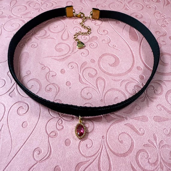 Crystal Gemstone Choker – Swiss Velvet Ribbon, Real 18K Gold Plated Cubic Zirconia Charm, Dainty Necklace, Handmade Jewelry Gift for Her