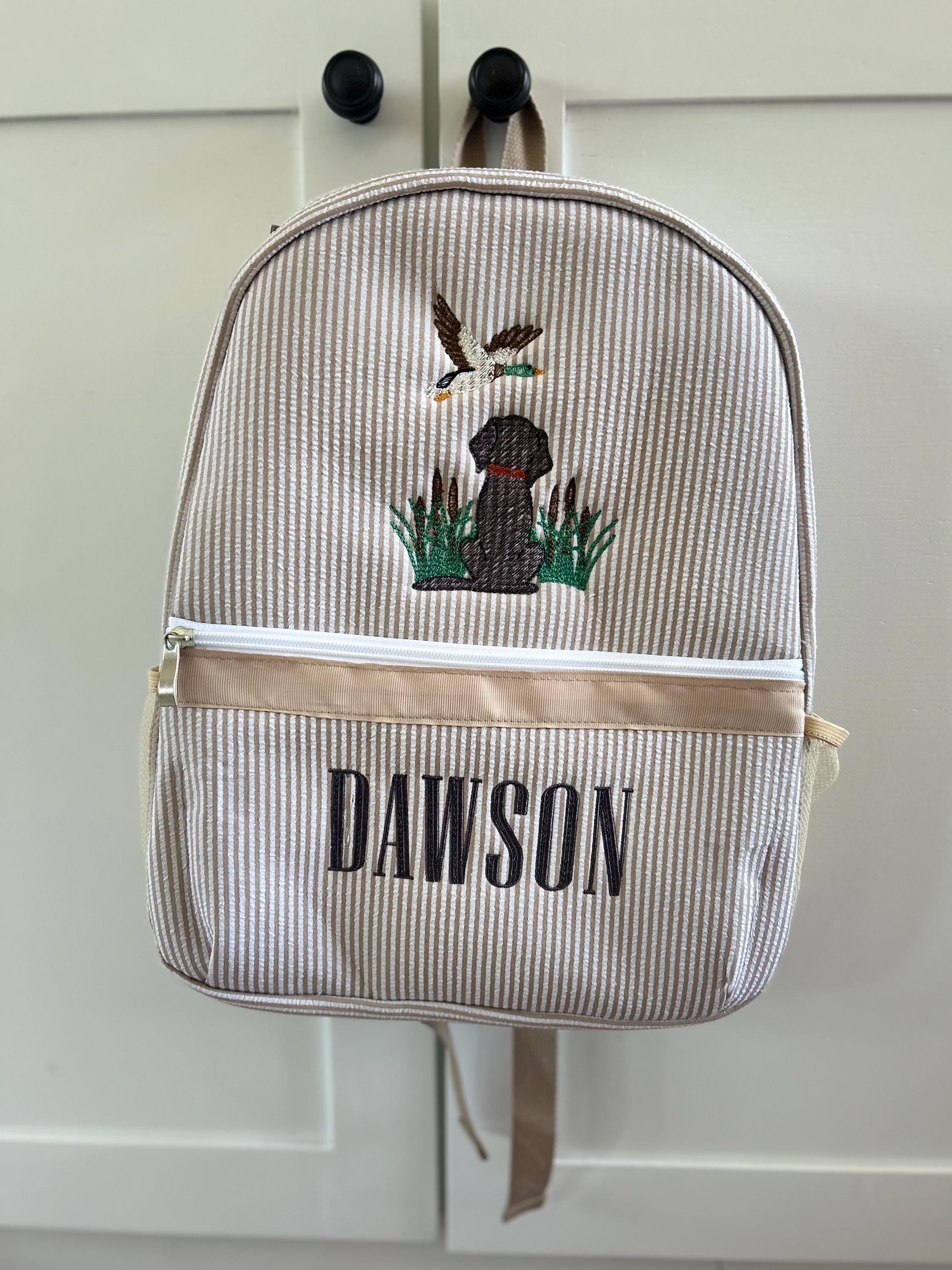 Back to school backpacks; seersucker backpack; hunting dogs; retrievers; monogrammed backpack; personalized backpack