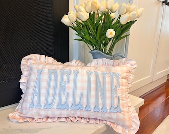 Monogrammed Gingham Pillow Cover, Ruffled Edge, Nursery Accent, dorm room pillow cover; French striped ruffled pillow cover