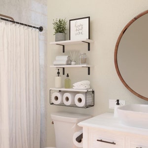 Set of 3 Rustic Wood Bathroom Shelves With Wire Basket | Wall Shelves | Floating Shelves | Toilet Paper Holder | Bathroom Organizer