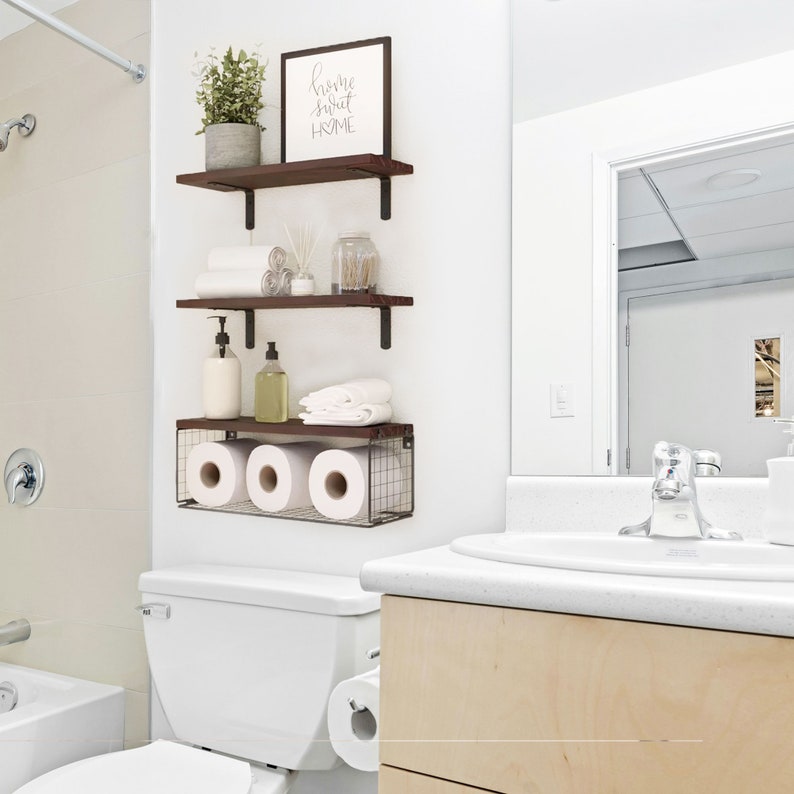 Set of 3 Rustic Wood Bathroom Shelves With Wire Basket Wall Shelves Floating Shelves Toilet Paper Holder Bathroom Organizer image 7