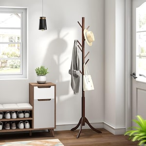 Adjustable Wood Standing Coat Rack With 8 Hooks | Hat Rack | Bathroom Towel Rack | Garment Rack | Clothing Rack | Umbrella Stand  | Cap Rack