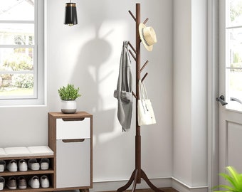 Adjustable Wood Standing Coat Rack With 8 Hooks | Hat Rack | Bathroom Towel Rack | Garment Rack | Clothing Rack | Umbrella Stand  | Cap Rack