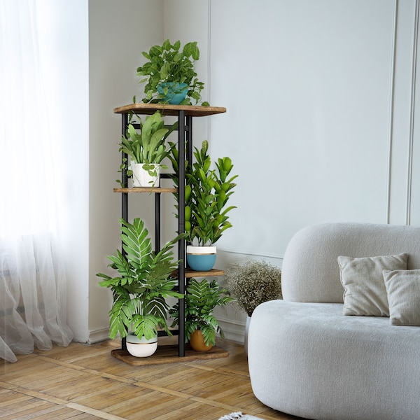 Multi Tier Wood & Metal Plant Stand | Indoor Plant Stand | Outdoor Plant Stand | Tall Plant Stand | Flower Stand | Housewarming Gift