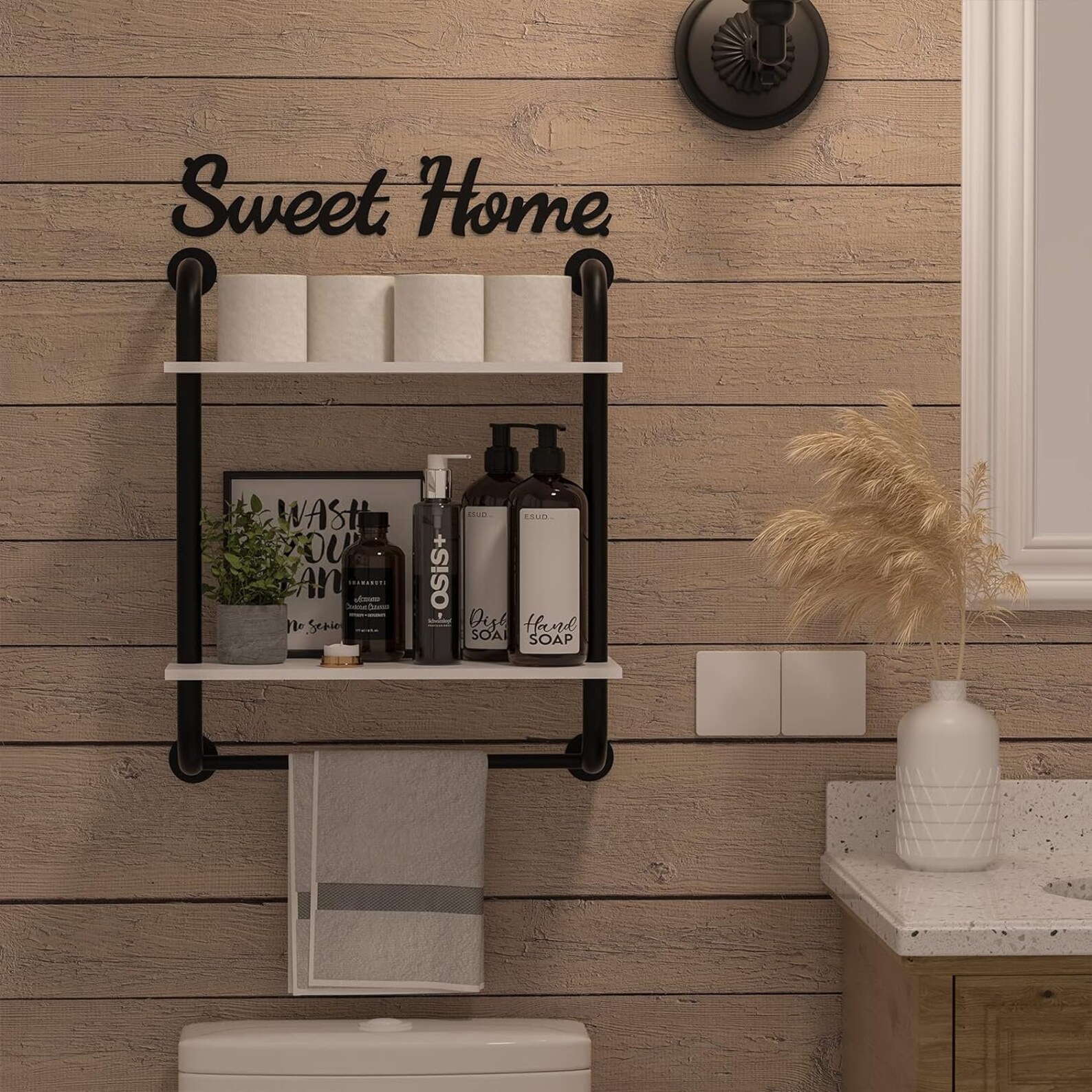 Multi Tiers Wood & Metal Industrial Pipe Bathroom Shelves Floating