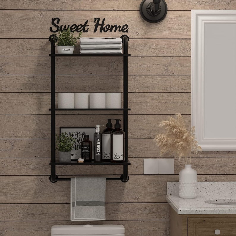 Multi Tiers Wood & Metal Industrial Pipe Bathroom Shelves Floating
