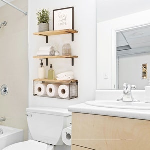 Set of 3 Rustic Wood Bathroom Shelves With Wire Basket Wall Shelves Floating Shelves Toilet Paper Holder Bathroom Organizer image 6