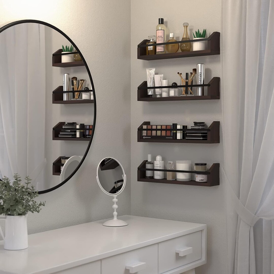 Set of 4 Wood Bathroom Shelves With Metal Rail Wall Shelves Rustic