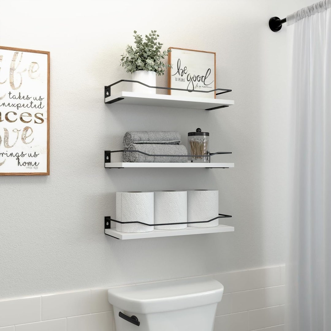 Set of 4 Wooden Bathroom Shelves With Metal Guard Rail Bathroom