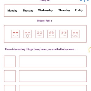 May include: A daily journal page featuring the text Today is: with Monday through Friday listed, Today I feel: with six square emoji faces, and Three interesting things I saw, heard, or smelled today were: with three blank rows for writing.