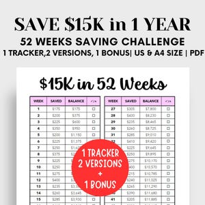 15K Saving Challenge, Printable 52 Week Saving Challenge, 1 Year Savings Challenge, 15K Savings Tracker,Save 15000 in 1 Year,Money Challenge
