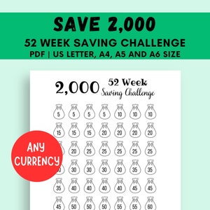 Save 2K in 52 Week Saving Challenge Printable, 2000 Money Challenge, 1 Year Savings Challenge, 2000 Savings Tracker, Save 2k in 1 Year, PDF