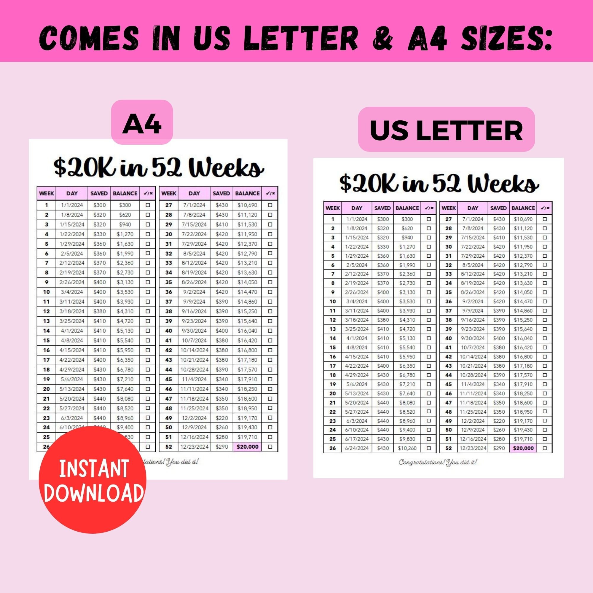 52 Week Saving Challenge Printable, 20K Saving Challenge, 1 Year ...