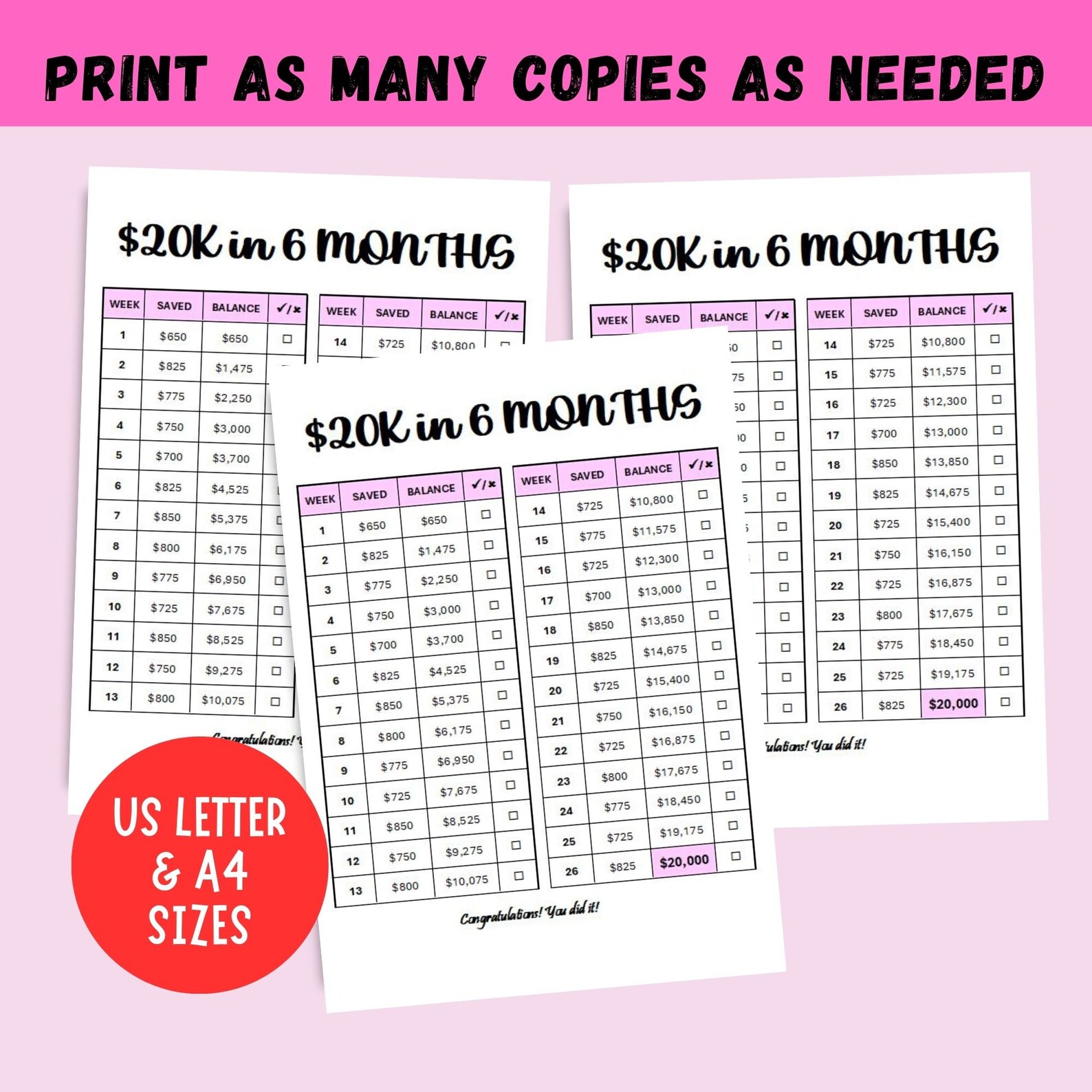 20K Savings Challenge, 26 Weeks Saving Tracker Printable, 6 Months ...