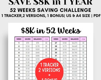 8K Savings Challenge Printable: 52 Week Money Tracker (US & A4) (PDF)