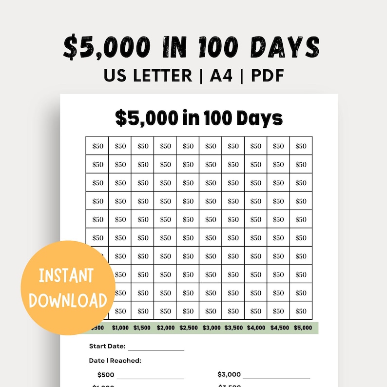 5,000 Money Saving Challenge Printable, Save 5,000 in 100 Days, Savings ...