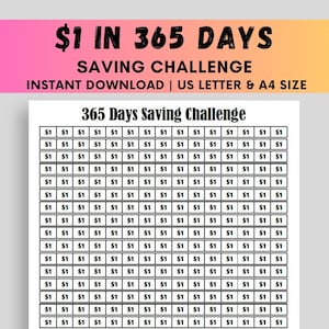 Op de afbeelding: Een zwart-witte printbare kaart met de tekst "€1 in 365 dagen Spaaruitdaging" en een raster van 365 vierkanten, elk met een euroteken. De kaart is ontworpen om mensen te helpen geld te sparen gedurende een jaar.