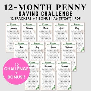 12 Maanden Penny Savings Challenge-bundel, boho 365 dagen Penny Saving Chart, Besparingen laag inkomen, Mini-spaaruitdaging van 1 cent, Maandelijkse besparingen