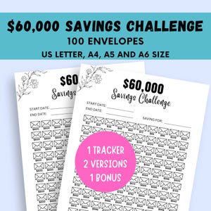 60K Saving Challenge, 100 Envelopes Challenge Printable, 60k Challenge, 60000 Savings Tracker, 600 Dollar, 60K Savings, Money Management