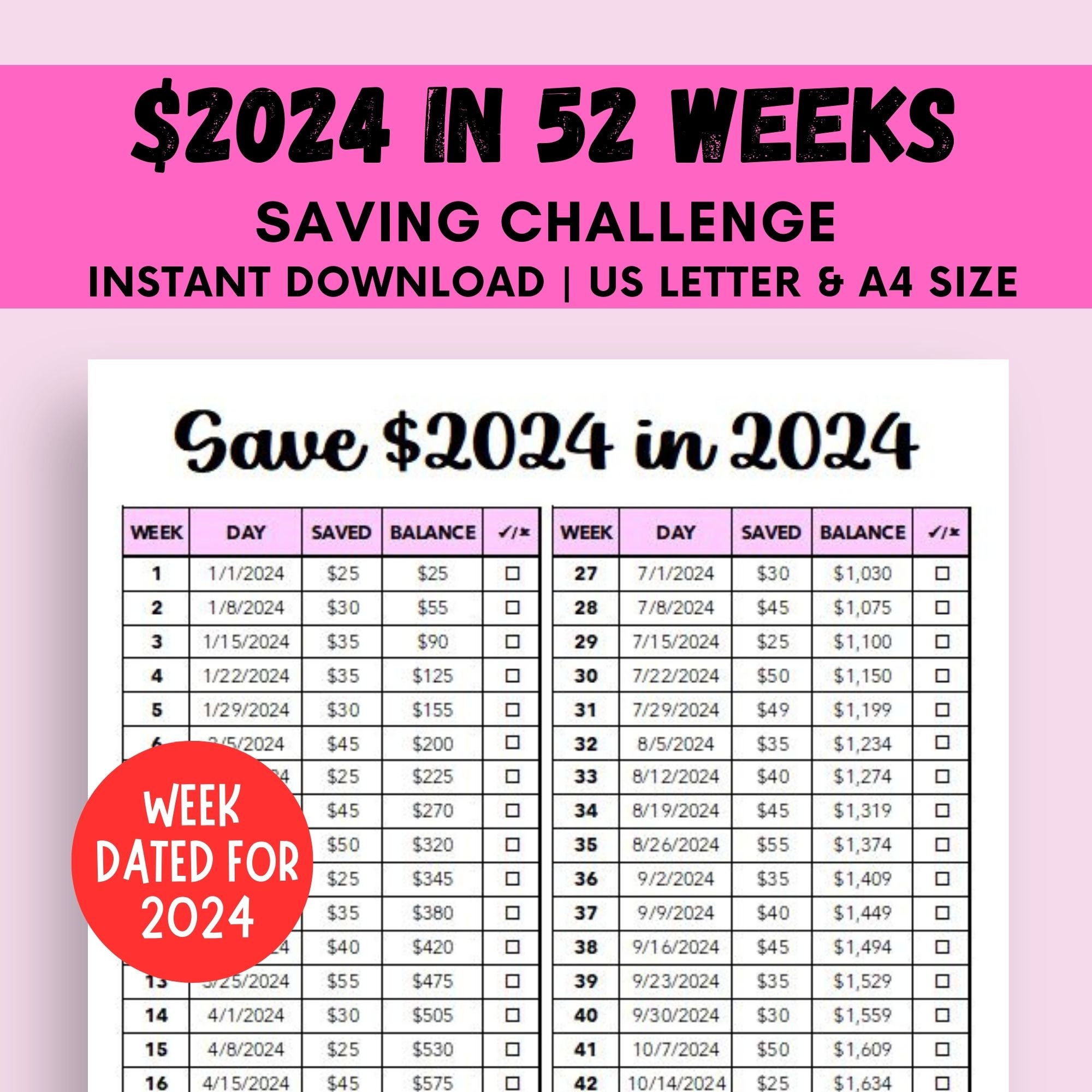 52 Week Savings Challenge, Save 2024 in 2024, Savings Tracker, Sinking