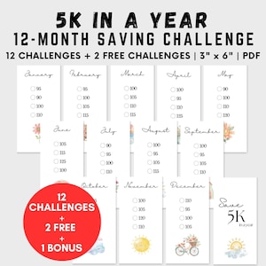 May include: A printable 12-month saving challenge with 12 challenges, 2 free challenges, and 1 bonus challenge. Each month has a goal amount to save, with options for £95, £100, £105, £110, £115, £120, £125, and £130. The challenge is designed to help you save £5,000 in a year.