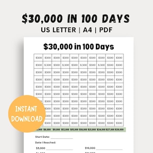 May include: A printable chart to help you save $30,000 in 100 days. The chart is divided into 100 squares, each representing $300. The chart includes a section to track your progress and a section to record the date you reach each milestone.