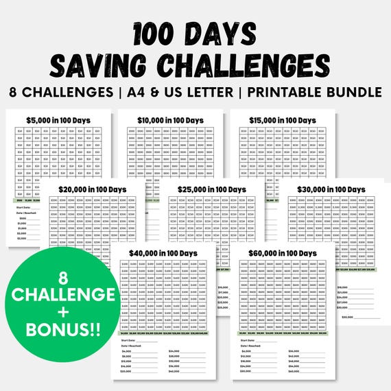 100days savings challenge 長方形 即購入OK 100-day Savings Challenge Bundle: US & A4 Tracker Printable