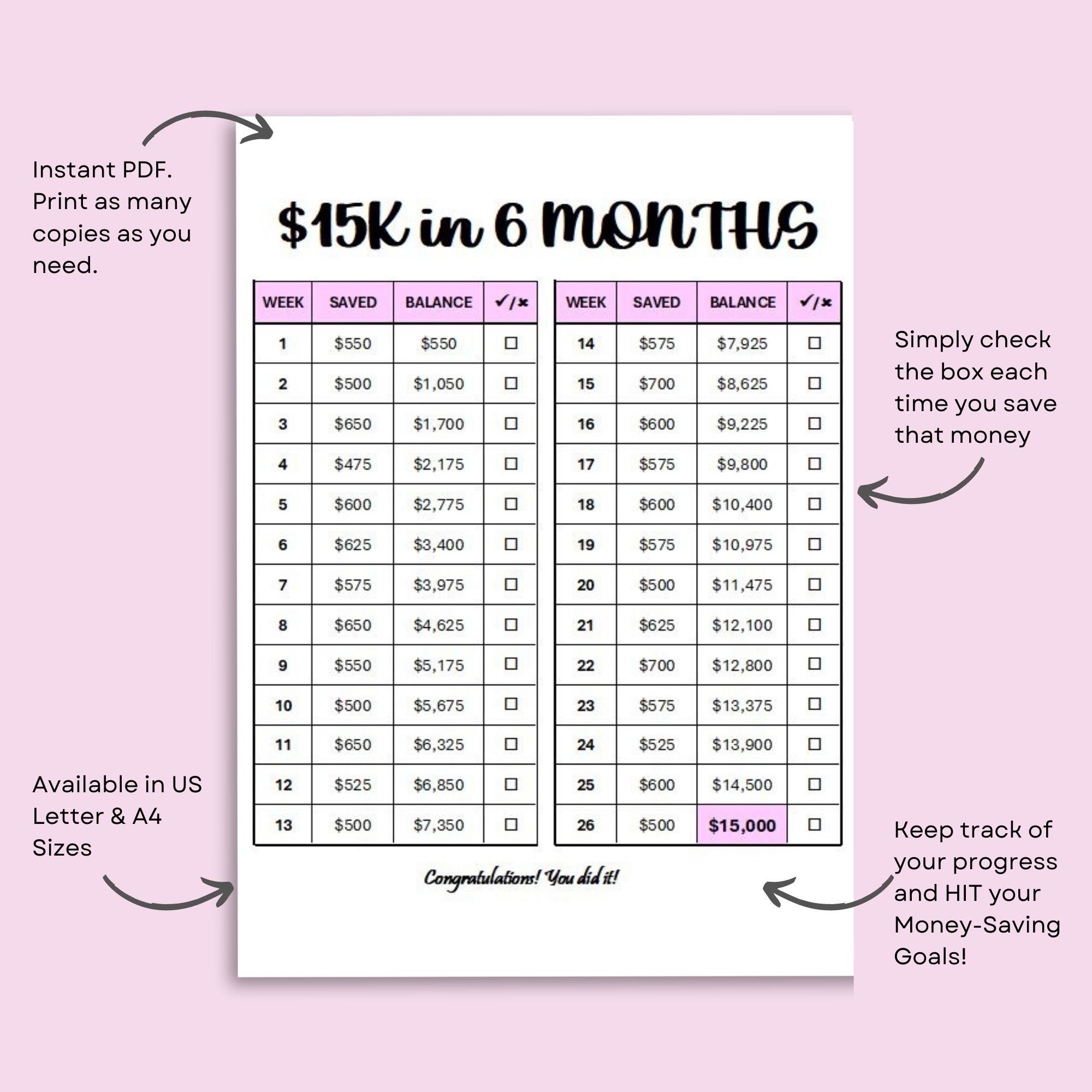 15K Savings Challenge, 26 Weeks Saving Tracker Printable, 6 Months ...